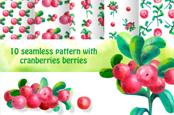 Seamless Patterns. Cowberry. Watercolor Illustrations
