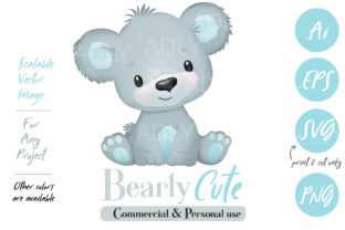 Watercolor Baby Bear in Gray and Blue Illustrations