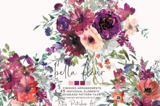Watercolor Purple Burgundy Flowers Set & Illustrations