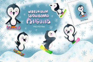 Watercolor Snowboard Penguins Illustrations